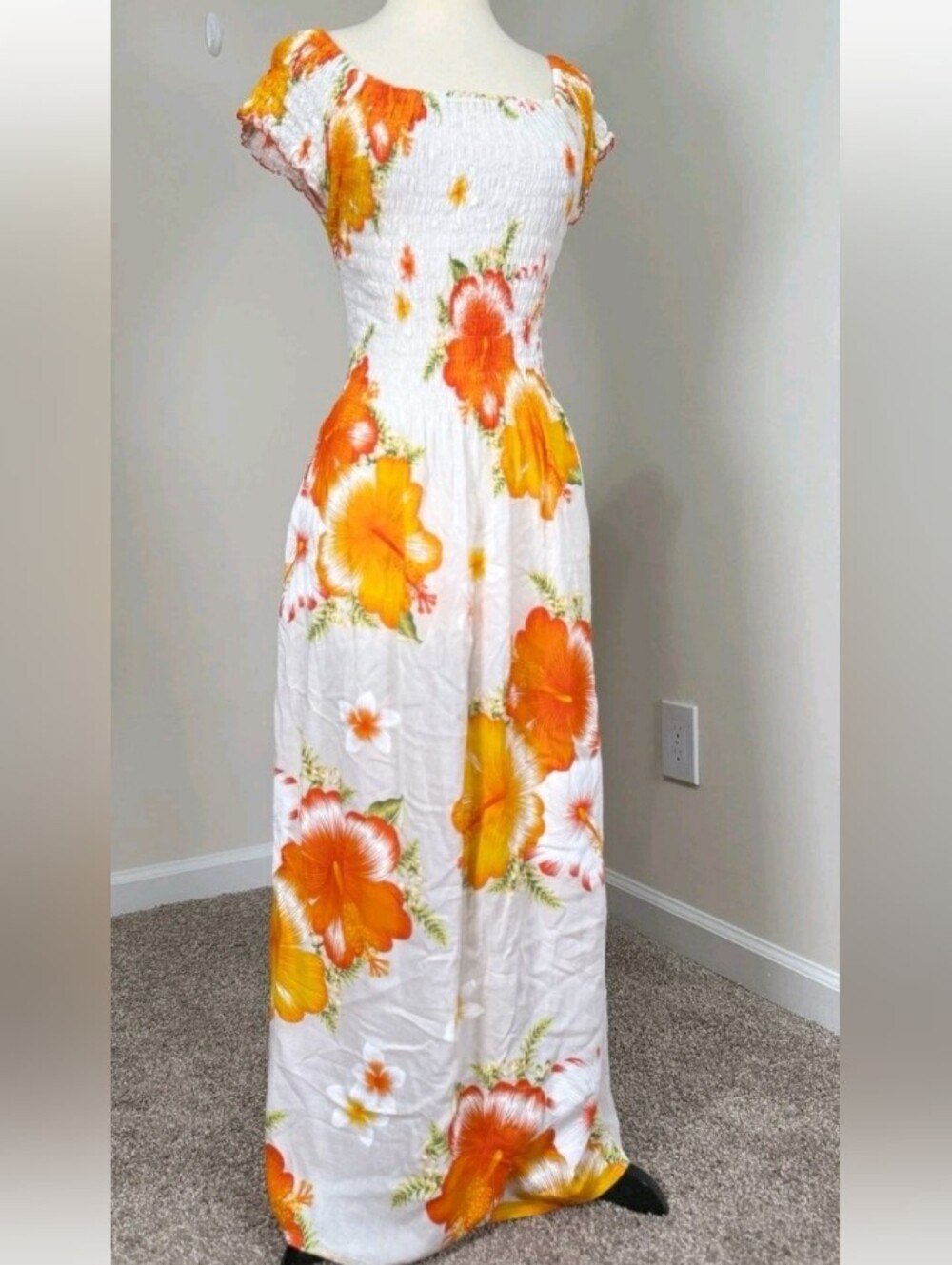 Tropical Hibiscus White Orange Maxi Dress Smocked Bodice Tieback Flowy Skirt M